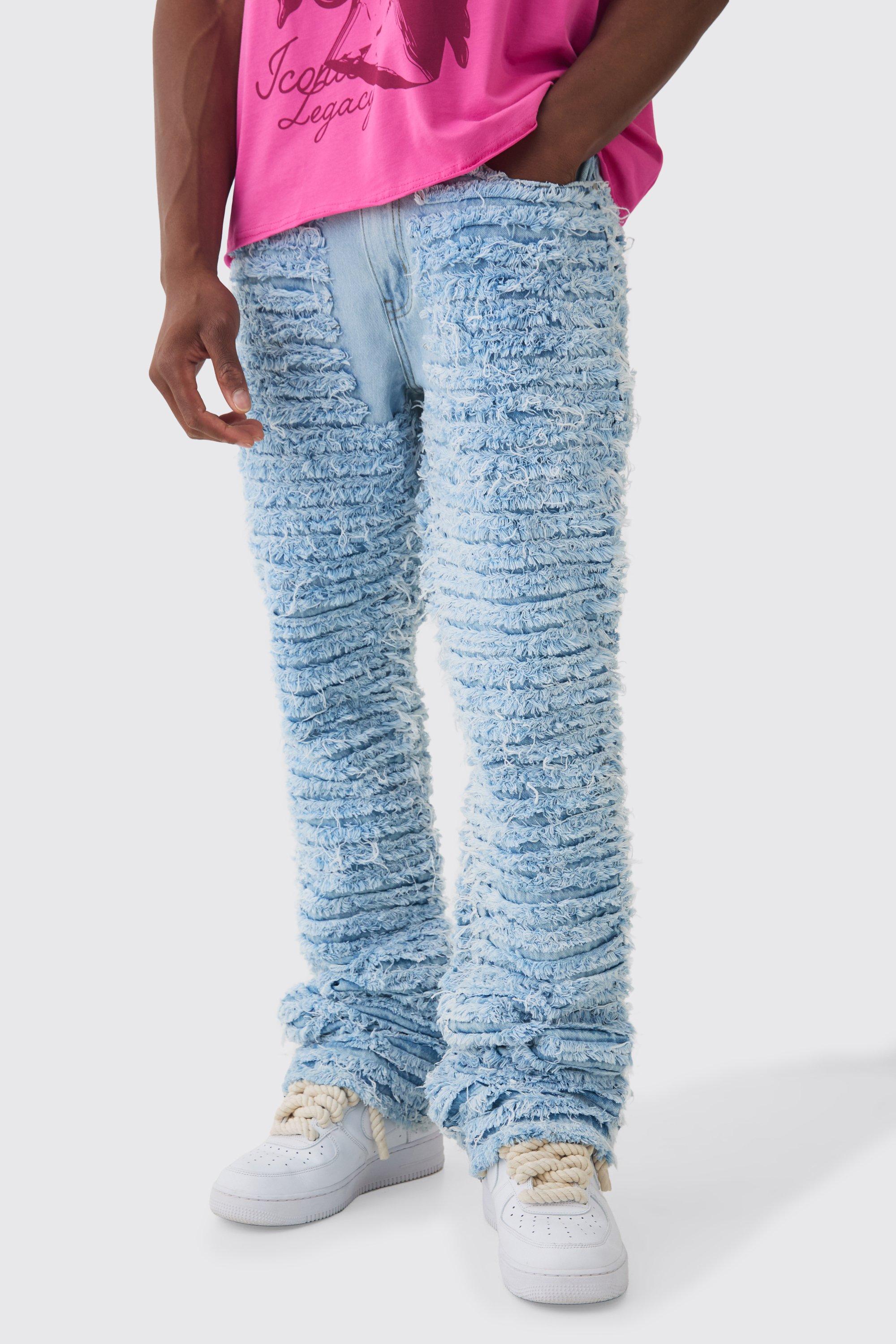 Mens Slim Rigid Flare All Over Distressed Jeans In Light Blue, Blue